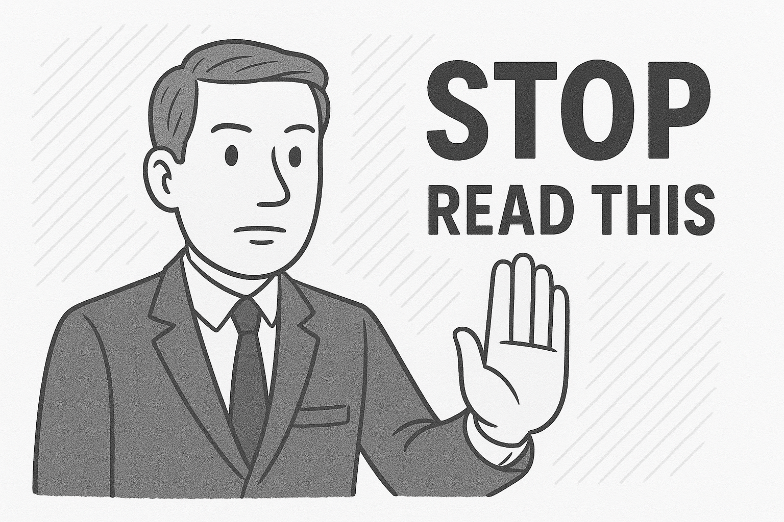 A guy with his hand waving with text saying 'Stop, Read this'